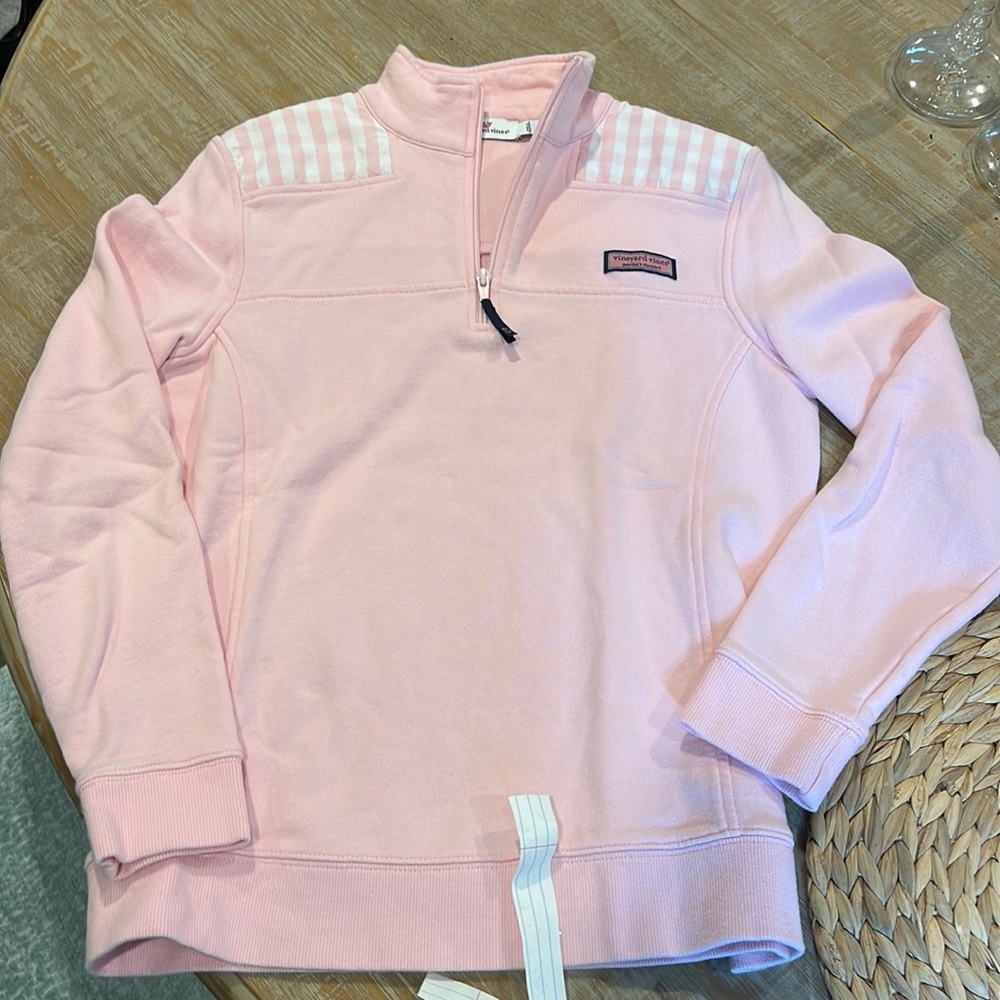 Vineyard vines, pink w gingham check trim ladies pull over quarter zip